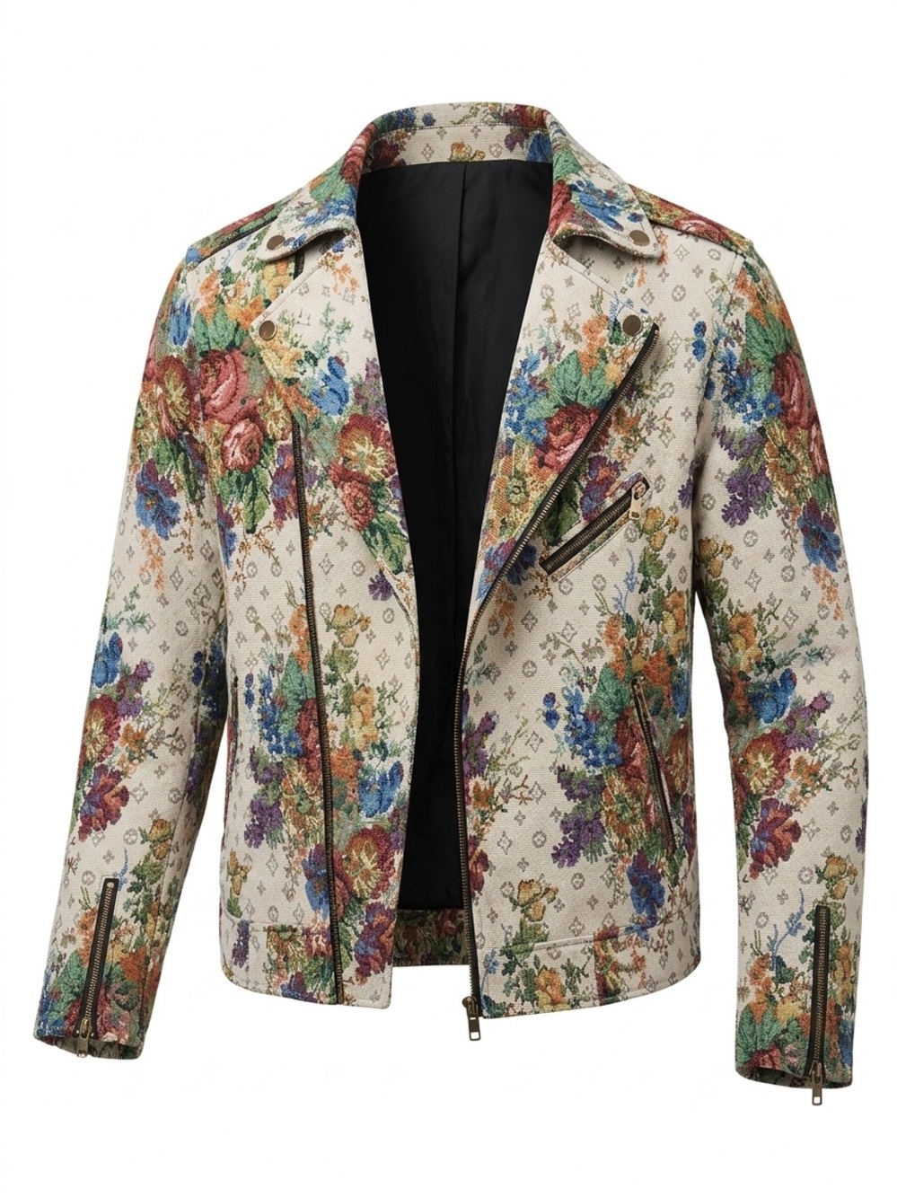 Men’s Tapestry Floral Print Biker Jacket - Beige Multicolor